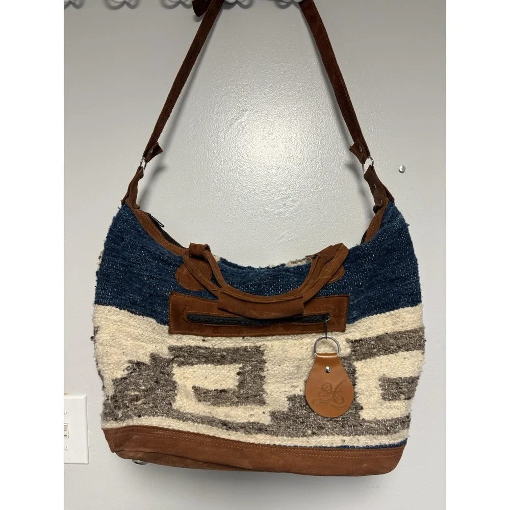 Humble Hilo Leather Wool Boho Satchel Crossbody Bag Cream Blue Gray‎ Purse